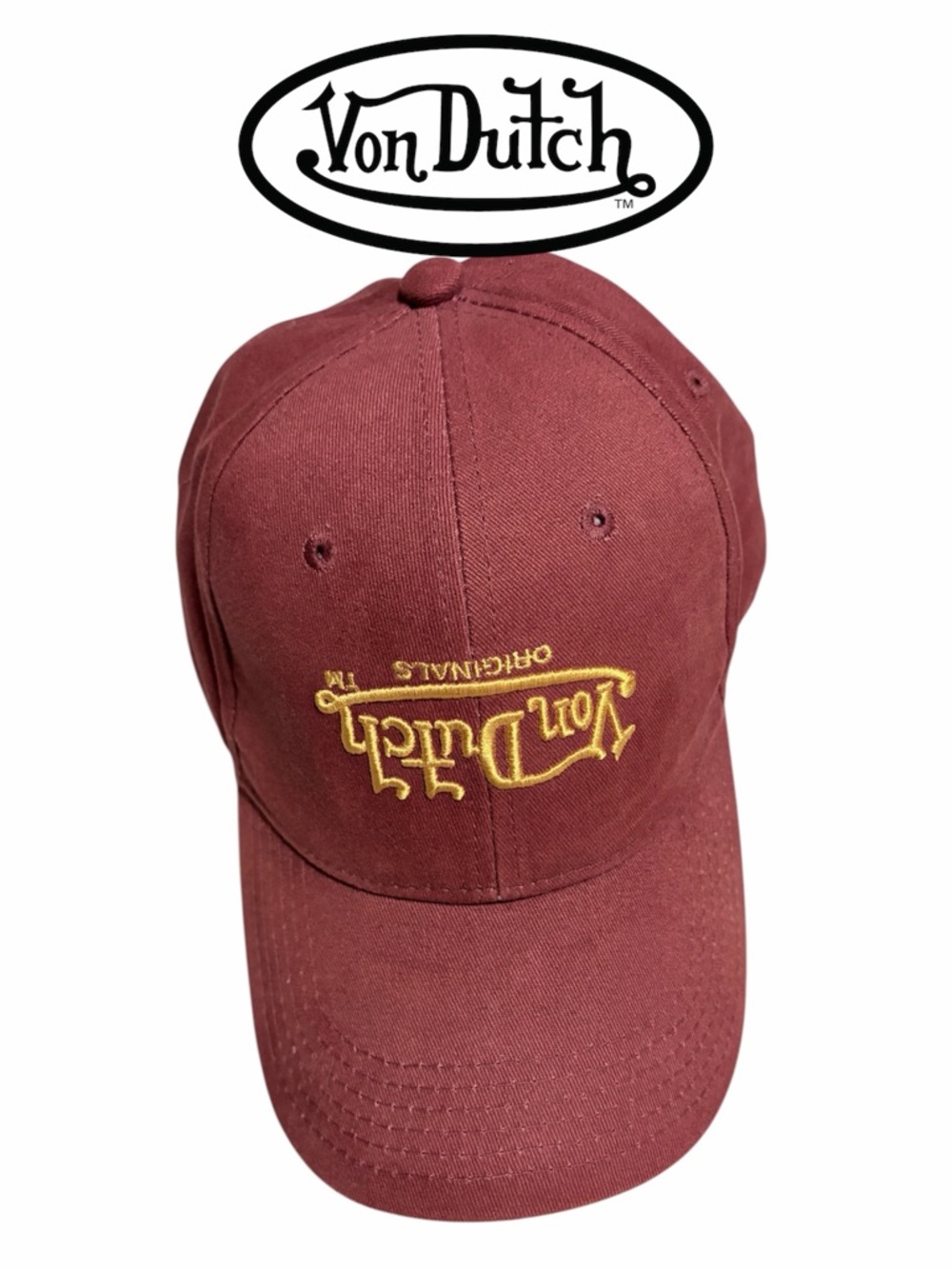 Von Dutch Maroon Inverted Logo Cap with Yellow Embroidered Logo Y2K